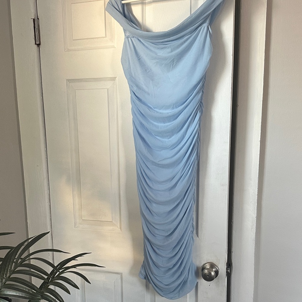 Fashion Nova Light Blue One-Shoulder Ruched Bodycon Dress